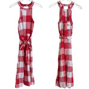 Crown & Ivy Red & White Gingham Buffalo Check Plaid 100% Linen Fit Flare Dress 6